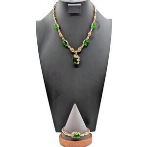 Vintage Sohi Green Emerald Glass Rhinestone Gold Tone Necklace & Bracelet Set